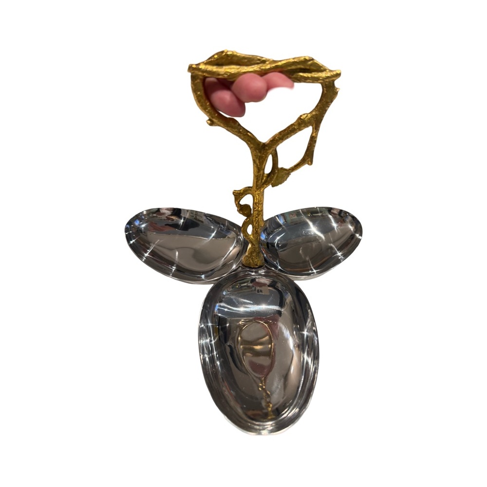 New Stainless steel candy dish 3 section with brass flower handle - Picture 4 of 8